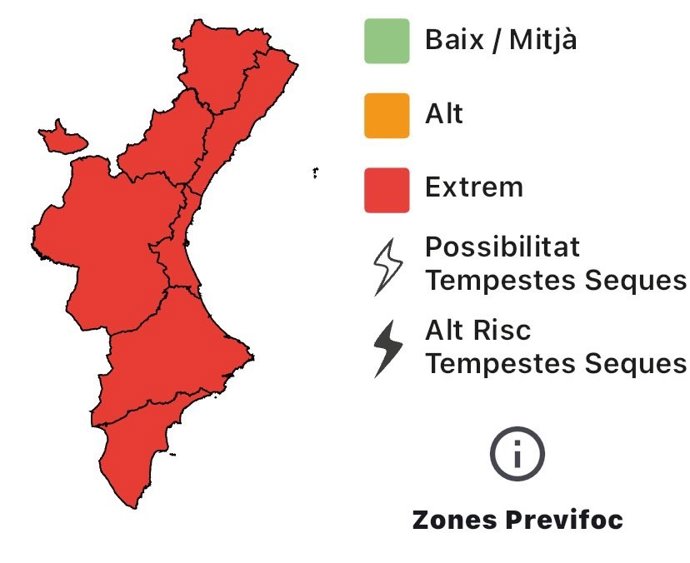 Mapa de los riesgos de incendio forestal en la Comunitat Valenciana este viernes