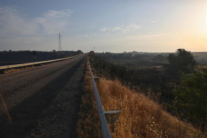 Zona calcinada por el incendio de Calera y Chozas, a 13 de agosto de 2025, en Calera y Chozas, Toledo, Castilla-La Mancha (España). El fuego originado en la tarde de este martes en Alberche del Caudillo y que ha desplazado el foco debido al viento hasta C