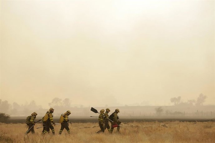 Bomberos en un incendio en Miñambres de la Valduerna, León