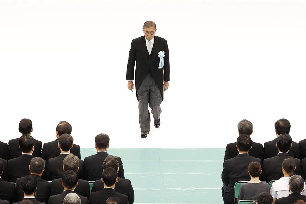 El primer ministro de Japón, Shigeru Ishiba, durante la conmemoración del 80 aniversario de la rendición japoneses 