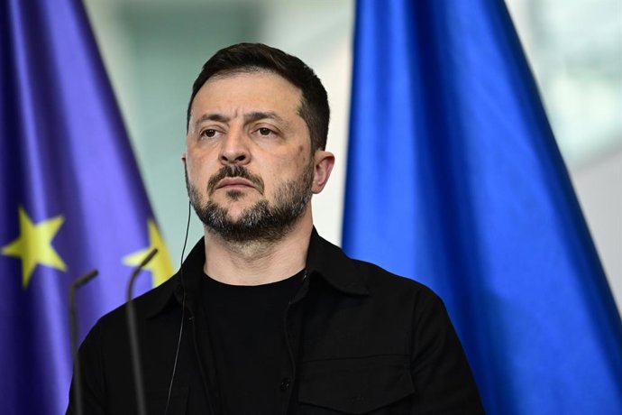 13 August 2025, Berlin: Ukrainian President Volodymyr Zelensky speaks during a press conference German Chancellor Friedrich Merz after the virtual consultations between European heads of state and government in the Chancellery with a view to the meeting b