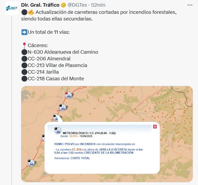 Carreteras cortadas por los incendios el 15 de agosto de 2025 a las once de la mañana