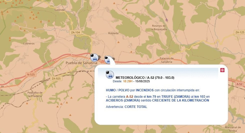 Información sobre el corte en la A-52 en Zamora.