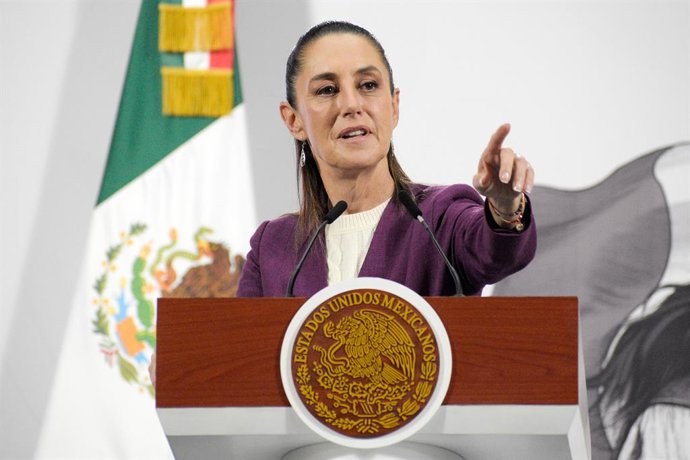 August 14, 2025, Mexico City, Cdmx, Mexico: Mexicoâ€s President Claudia Sheinbaum Pardo, speaks during a briefing about the Mexicoâ€s community tourism program at National Palace. on August 14, 2025 in Mexico City, Mexico.