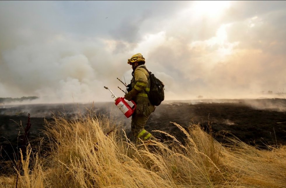 Un efectivo contra incendios trabaja en las tareas de extinción en León.