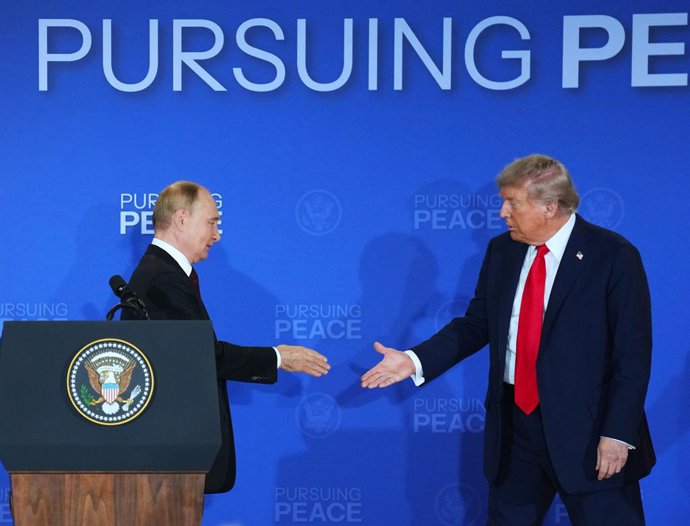 ANCHORAGE (U.S.), Aug. 15, 2025  -- U.S. President Donald Trump (R) and Russian President Vladimir Putin attend a joint press conference after concluding their talks in Anchorage, Alaska, the United States, on Aug. 15, 2025.