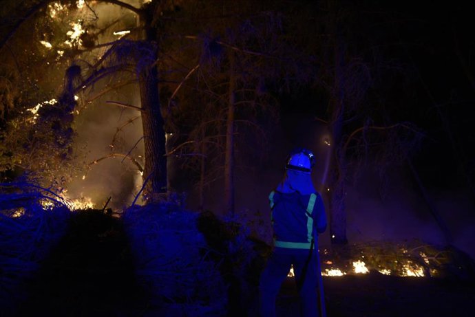 Bomberos forestales tratan de extinguir el fuego en Vences, en Monterrei.