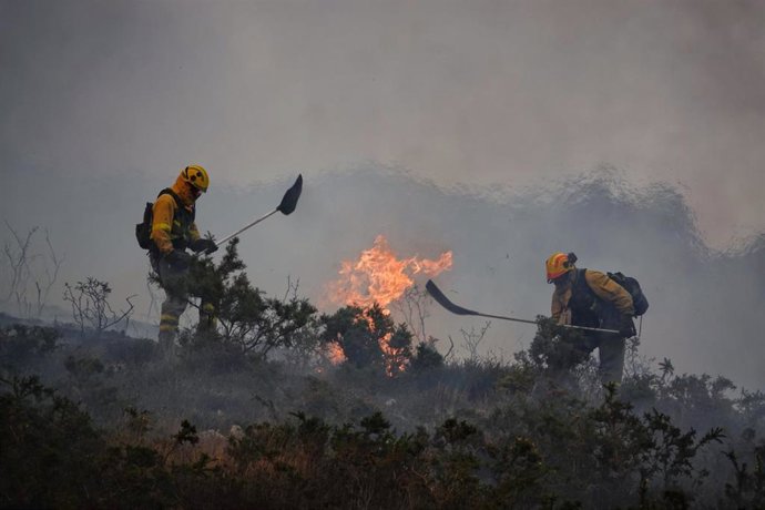 Archivo - Bomberos de Asturias trabajan para extinguir las llamas en un incendio forestal.