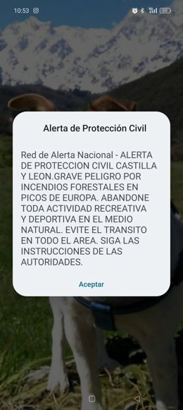 Captura de tela de uma das mensagens de alerta do ES recebidas por perigo de incêndio em Picos de Europa.