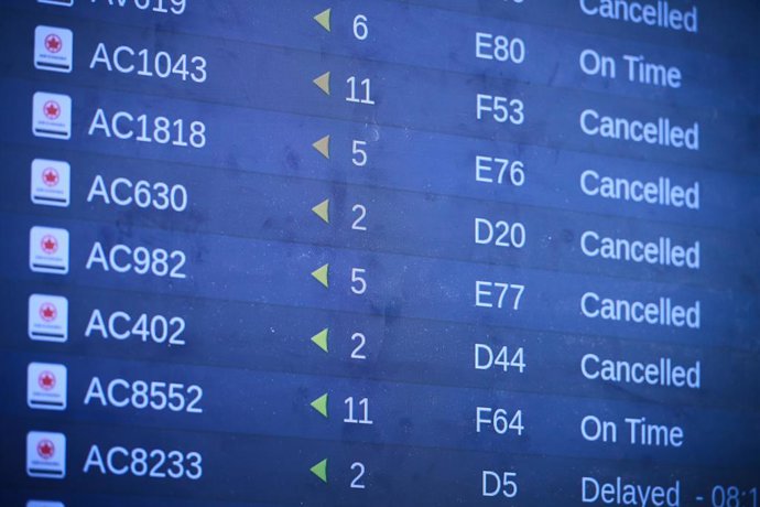August 16, 2025, Toronto, On, Canada: Air Canada flights show as cancelled at Pearson International Airport as flight attendants go on strike in Toronto.