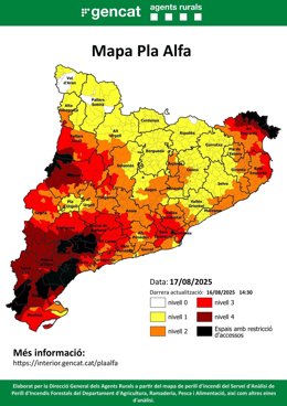 Mapa del Pla Alfa de perill d'incendis aquest diumenge