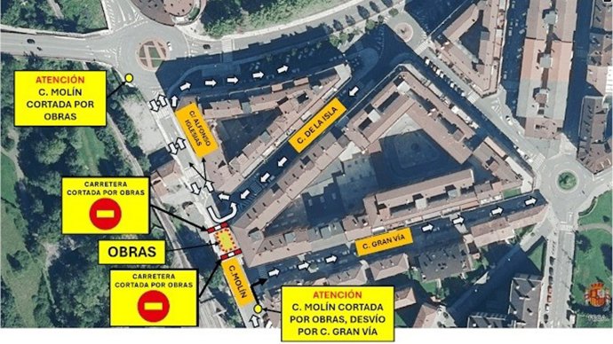 Plano sobre restricciones de tráfico en Pola de Siero por obras de saneamiento de La Isla