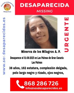 Suc.- Buscan a Minerva de los Milagros, una mujer de 38 años desaparecida el 1 de agosto en Las Palmas de Gran Canaria