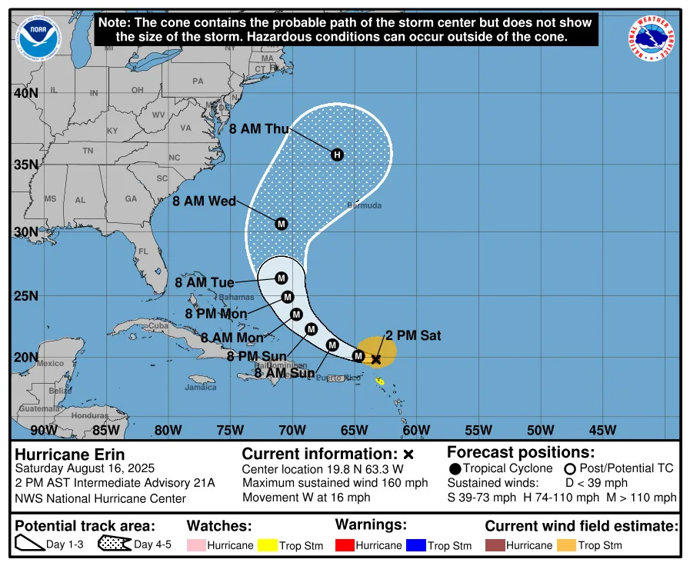 August 16, 2025 - Caribbean - Storm track. Hurricane Erin on Saturday strengthened into a fearsome Category 5 hurricane with sustained winds of 160 mph as the storm traveled west over the Atlantic, according to the National Hurricane Center. The hurricane