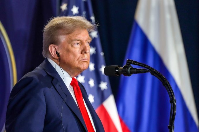 USA, ANCHORAGE - AUGUST 16, 2025: Donald Trump, President of the US, gives a joint press conference with his Russian counterpart Vladimir Putin following their meeting at Joint Base Elmendorf-Richardson