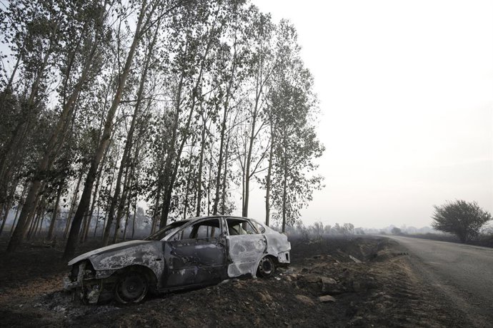 Um carro queimado após um incêndio em terra queimada, em 13 de agosto de 2025, em Quintana y Congosto, León, Castilla y León (Espanha). O incêndio florestal que afeta León e Zamora resultou na morte de um voluntário que estava ajudando a combater o fogo.