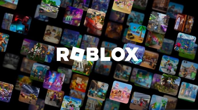 Logotipo da Roblox em um plano de fundo com capturas de tela do jogo