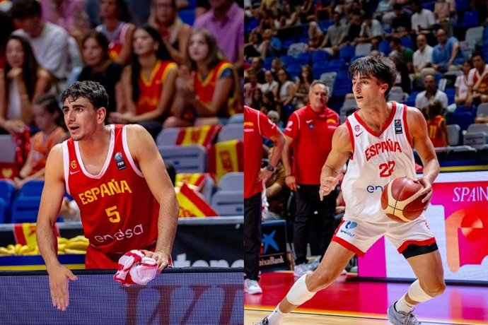 Lucas Langarita e Álvaro Cárdenas, com o time de basquete espanhol.