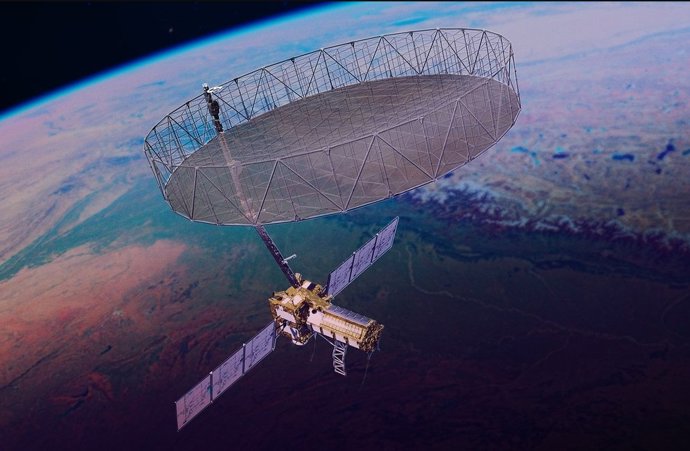 O satélite NISAR usa um refletor de antena de radar de 12 metros de diâmetro para coletar informações sobre as mudanças na superfície da Terra.