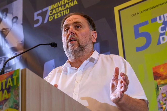El líder de ERC, Oriol Junqueras, en una conferencia en la Universitat Catalana d'Estiu (UCE)