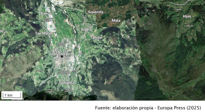 Imagen satélite de Los Corrales de Buelna y la zona donde se prevé ejecutar la variante