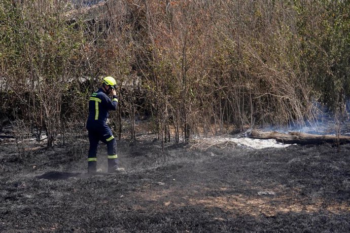 Bombero continúa apagando algunos puntos calientes tras el incendio forestal, a 16 de agosto de 2025, en Cerezal de Puertas, La Ramajería, Salamanca, Castilla y León (España).