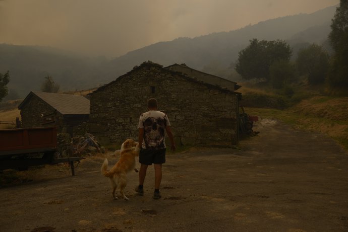 Una persona con su perro observa el incendio en Requeixo, a 11 de agosto de 2025, en Chandrexa de Queixa, Ourense, Galicia (España). Los incendios del verano en Galicia arrasan hasta este 11 de agosto más de 4.000 hectáreas, con el principal fuego en Chan