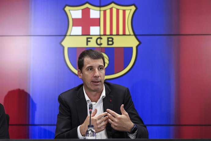 Xavier O'Callaghan, Sporting Director of FC Barcelona, attends his press conference to explain the club's Financial Fair Play at Ciudad Esportiva Joan Gamper on August 18, 2025 in Sant Joan Despi, Barcelona, Spain.
