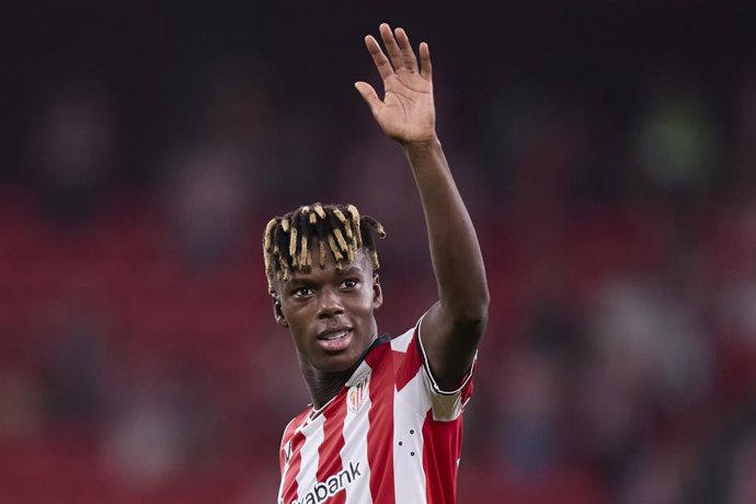 Nico Williams, do Athletic Club, reage durante a partida da LaLiga EA Sports entre Athletic Club e Sevilla FC no San Mames em 17 de agosto de 2025, em Bilbao, Espanha.