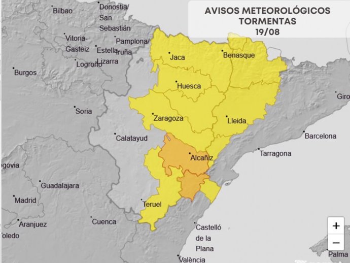 Avisos naranjas por lluvias en Pirineo y por lluvias y tormentas en Bajo Aragón, para este martes