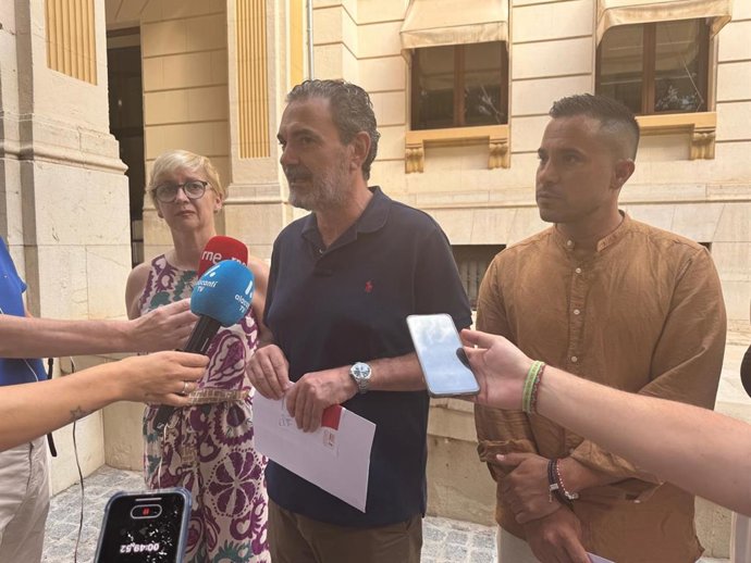 El portavoz del PSPV en la Diputación de Alicante, Vicente Arques (c), atiende a los medios de comunicación a las puertas de la institución provincial