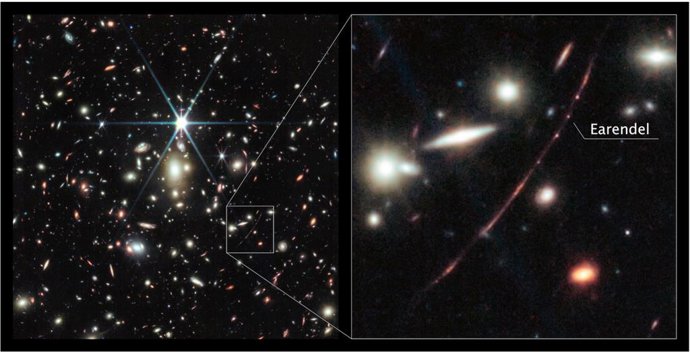 Imagen del JWST del cúmulo de galaxias WHL0137-08 (izquierda) y de una galaxia de alto corrimiento al rojo con un hermoso efecto lente, denominada Arco del Amanecer (derecha). Una etiqueta indica la ubicación de Eärendel.