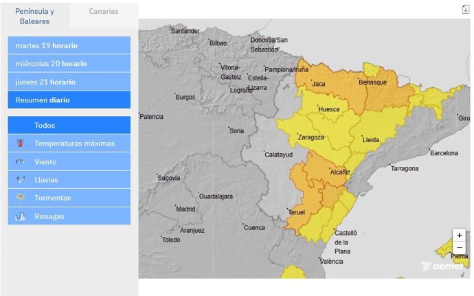 Avisos amarillo y naranja por lluvias y tormentas para este martes, 19 de agosto de 2025.