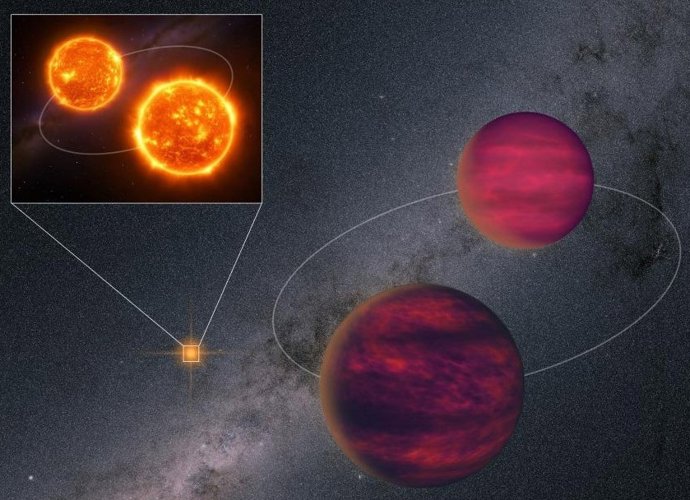 Impressão de um artista do sistema UPM J1040-3551 com a Via Láctea ao fundo, conforme observado por Gaia.