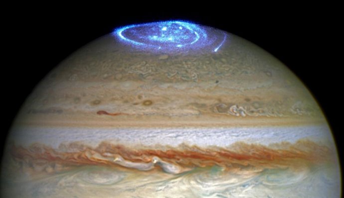 Imagem de uma aurora em Júpiter tirada pelo Telescópio Espacial Hubble.