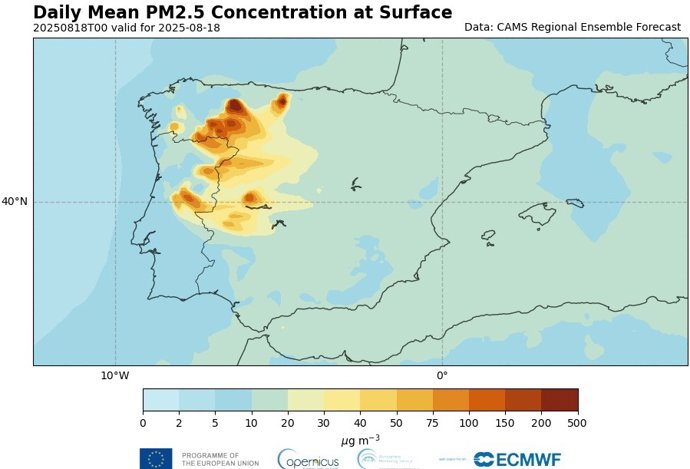 Concentrações de material particulado fino devido a incêndios em agosto de 2025