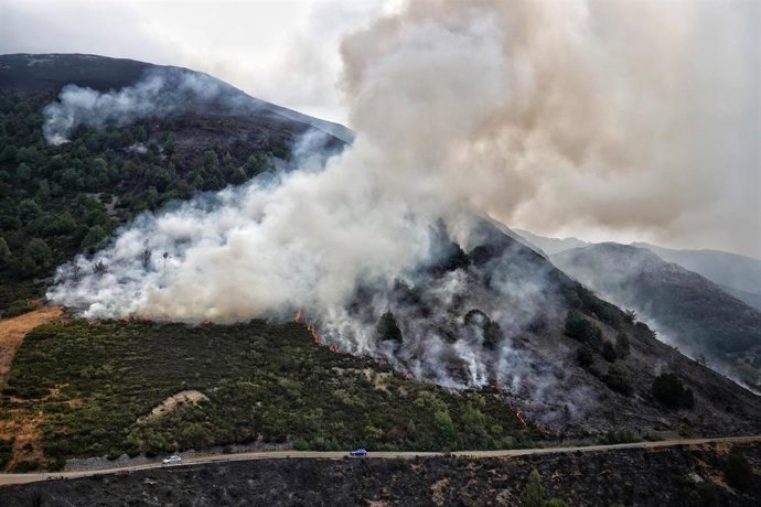 Vista del incendio, a 19 de agosto de 2025, en el Puerto de San Glorio, León, Castilla y León (España). Aunque los incendios se encuentran controlados, tanto el Gobierno de Castilla y León como el de Cantabria mantienen el Índice de Gravedad Potencial 2 (