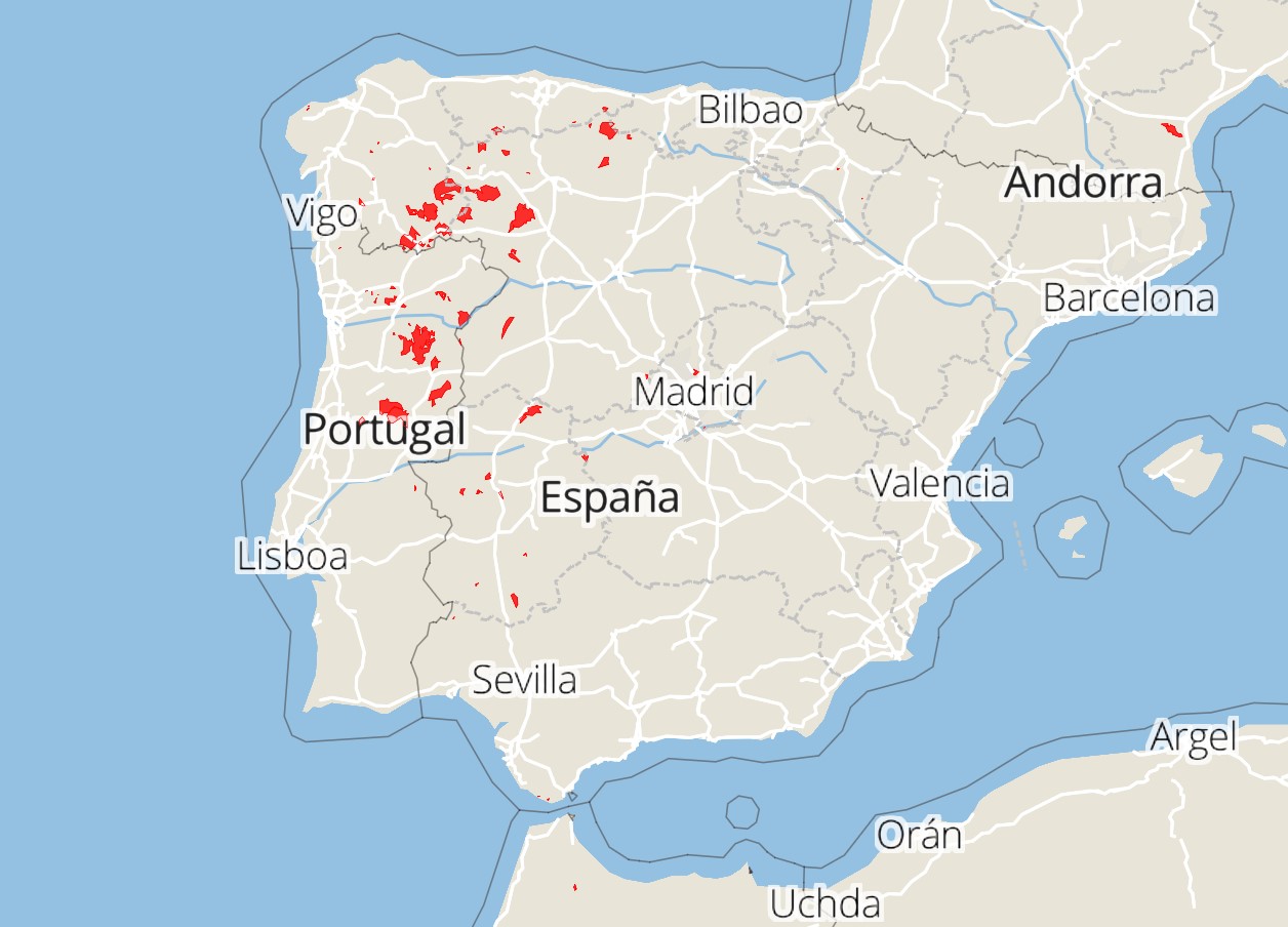 Mapa con incendios en España