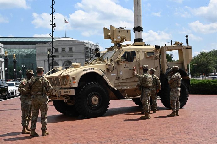 August 15, 2025, Washington, Dc, USA: 8/16/25 - Union Station Washington DC..The National Guard is stationed outside of Union Station and in various places throughout the city following the orders of President Trump.The Guard are there there to help the l
