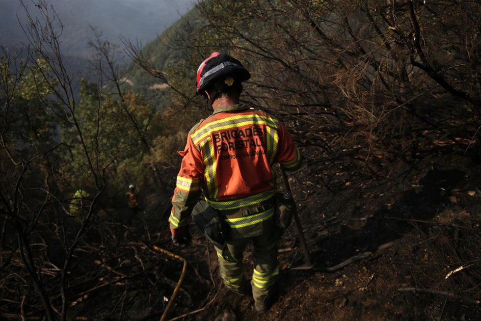 Un brigada forestal trata de extinguir el fuegoen Palacios de Compludo, León