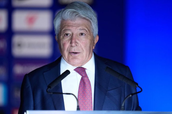 Enrique Cerezo, President of Atletico de Madrid, attends during the presentation of Marc Pubill as a new player of Atletico de Madrid at Riyadh Air Metropolitano stadium on July 31, 2025, in Madrid, Spain.