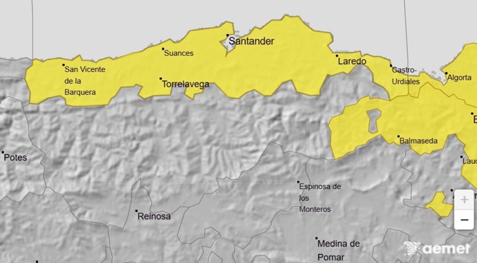 La AEMET activa este jueves el aviso amarillo por lluvias en el litoral de Cantabria