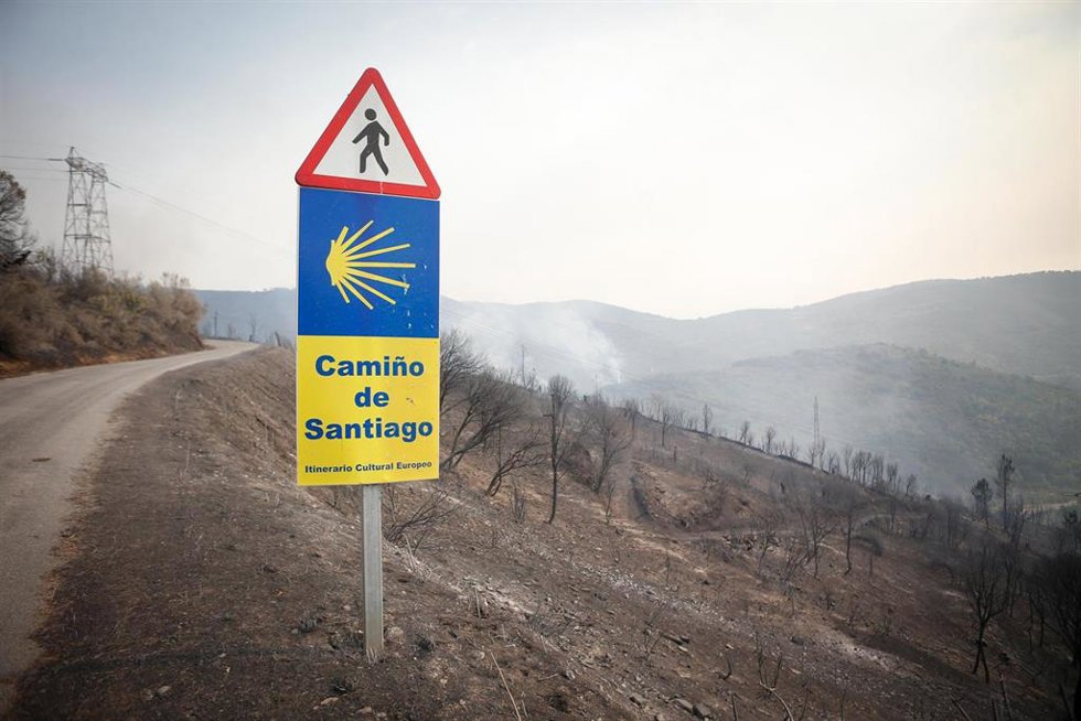 Zona calcinada tras el paso del incendio forestal, con una imagen del Camino.