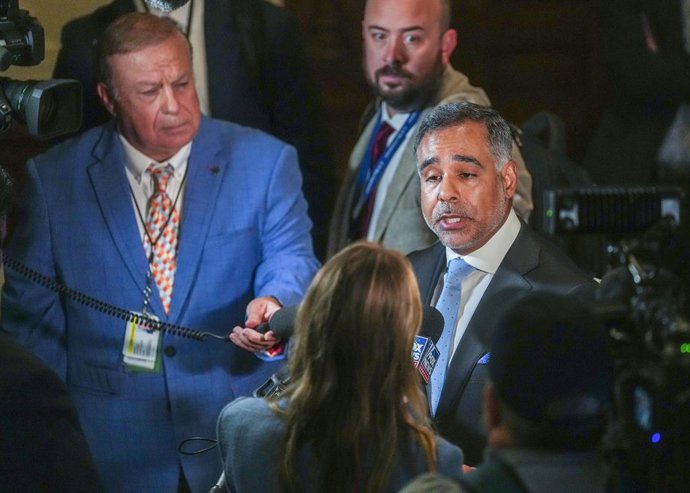 August 11, 2025, Austin, Tx, United States: Democratic State Rep. EDDIE MORALES, JR. D-Eagle Pass, speaks to the press  as the Texas House of Representatives members make a failed attempt to establish a quorum on the eighth day of a Democratic walkout ove