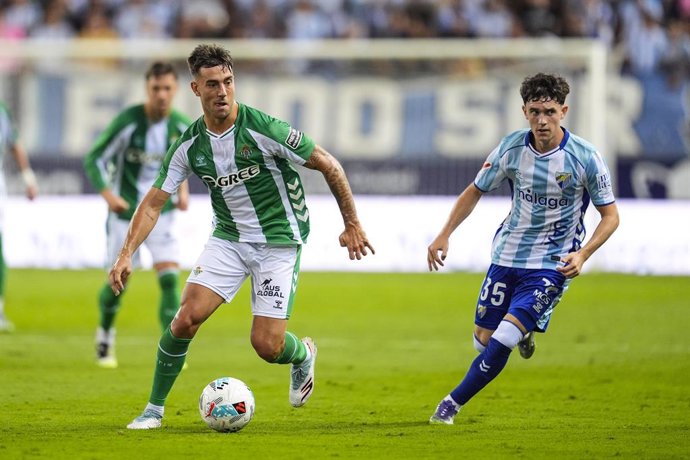 Iker Losada of Real Betis in action during XXXV Costa del Sol Trophy, football match played between Malaga CF and Real Betis at La Rosaleda Stadium on August 9, 2025, in Malaga, Spain.