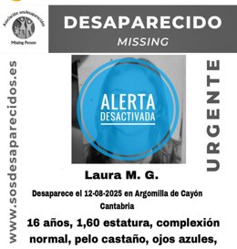 Cartel con la alerta desactivada tras aparecer la menor de 16 años desaparecida en Argomilla de Cayón (Santa María de Cayón)
