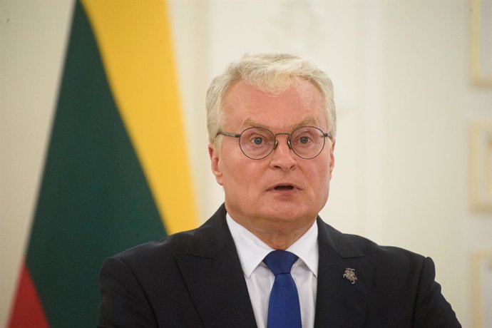 August 4, 2025, Vilnius, Lithuania: Lithuanian President Gitanas Nauseda gives a press statement after the meeting with Israel's President Isaac Herzog at the Presidential Palace. Israeli President Isaac Herzog arrived in Lithuania for an official visit. 