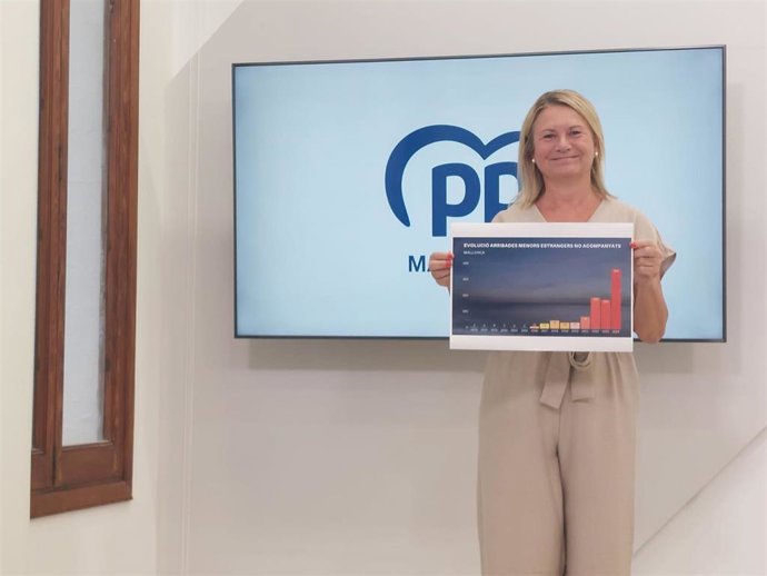 La portavoz del PP en el Consell de Mallorca, Núria Riera, muestra un gráfico de la evolución de la llegada de menores extranjeros no acompañados a la isla