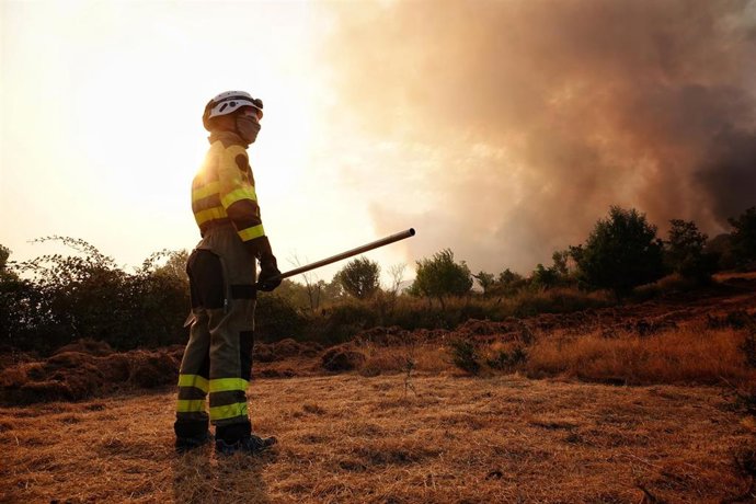 Un bombero trata de apagar el fuego, a 21 de agosto de 2025, en Anllarinos del Sil, León, Castilla y León (España). El último balance de la situación de incendios forestales del Servicio de Emergencias del Principado de Asturias (SEPA) correspondiente a l