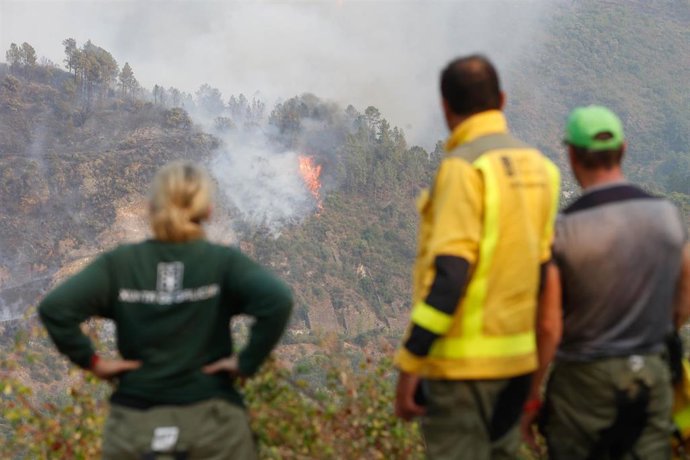 Varias personas observan el fuego, a 17 de agosto de 2025, en Quiroga, Lugo